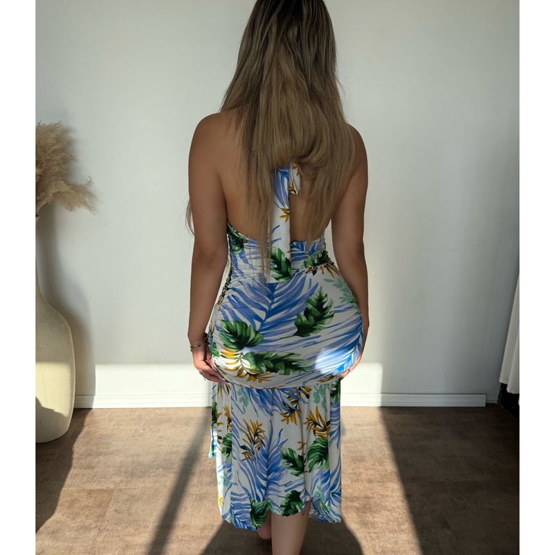 Emily Tropical Halter Neck Dress (White/Blue)