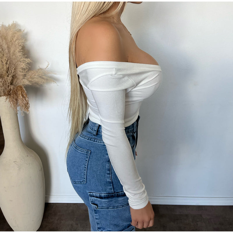 Makayla Deep V Neck Long Sleeve Top (White)