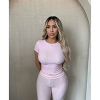 Ariana Short Sleeve Rib Top W Hearts (Pink)