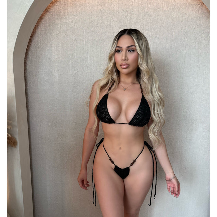 Cassi Knit Beed 2 Piece Bikini Set (Black)