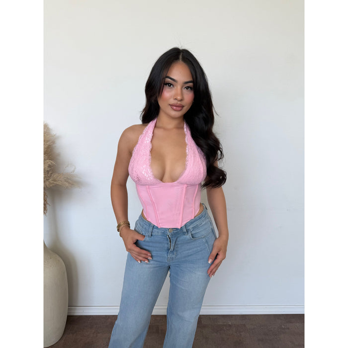 Veronica Halter Lace Mesh Corset Crop Top (Light Pink)
