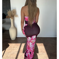 Daniella Dress W Pink Flowers (Burgundy)