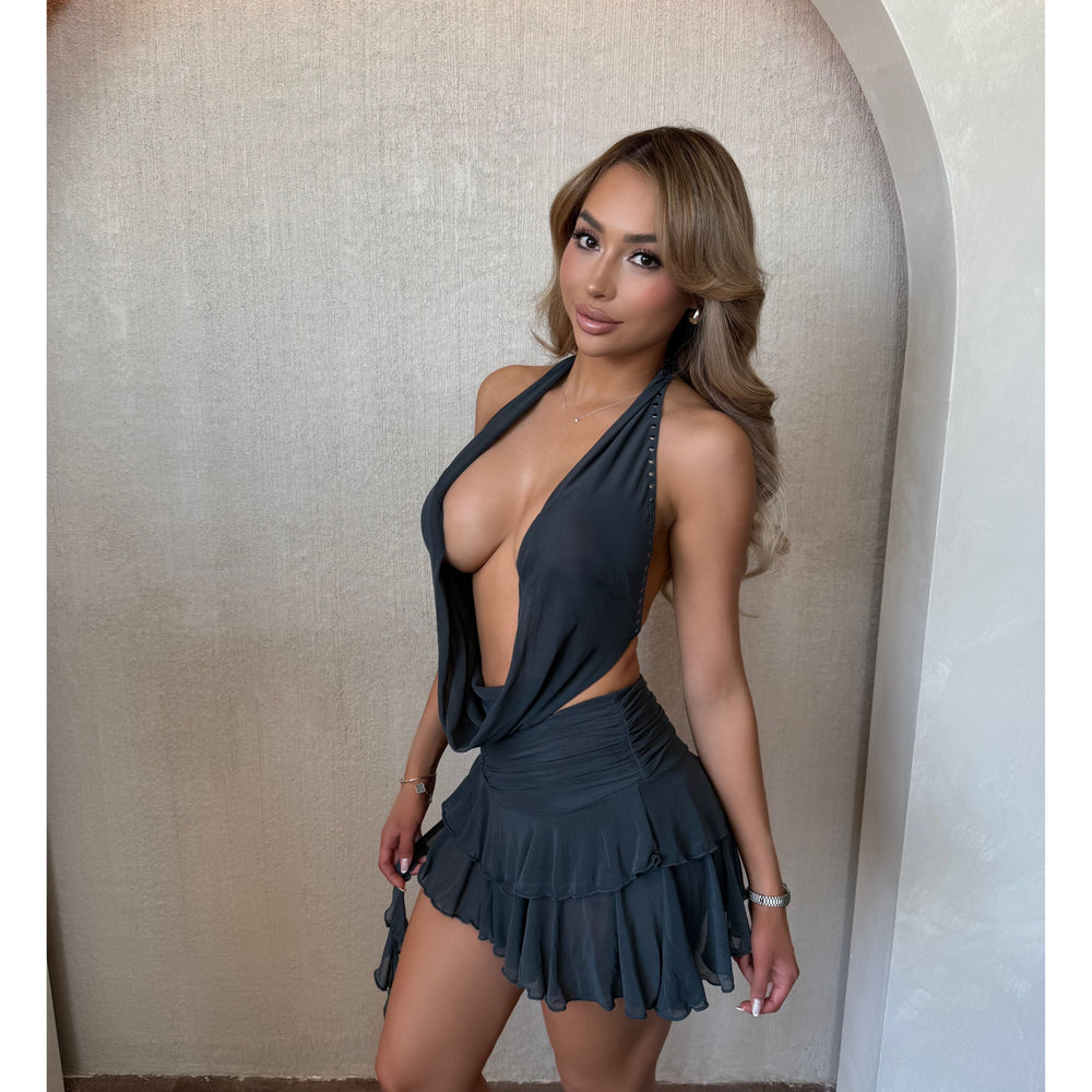 Cami Studded Cowl Neck Open Back Ruffle Mesh Dress (Charcoal)