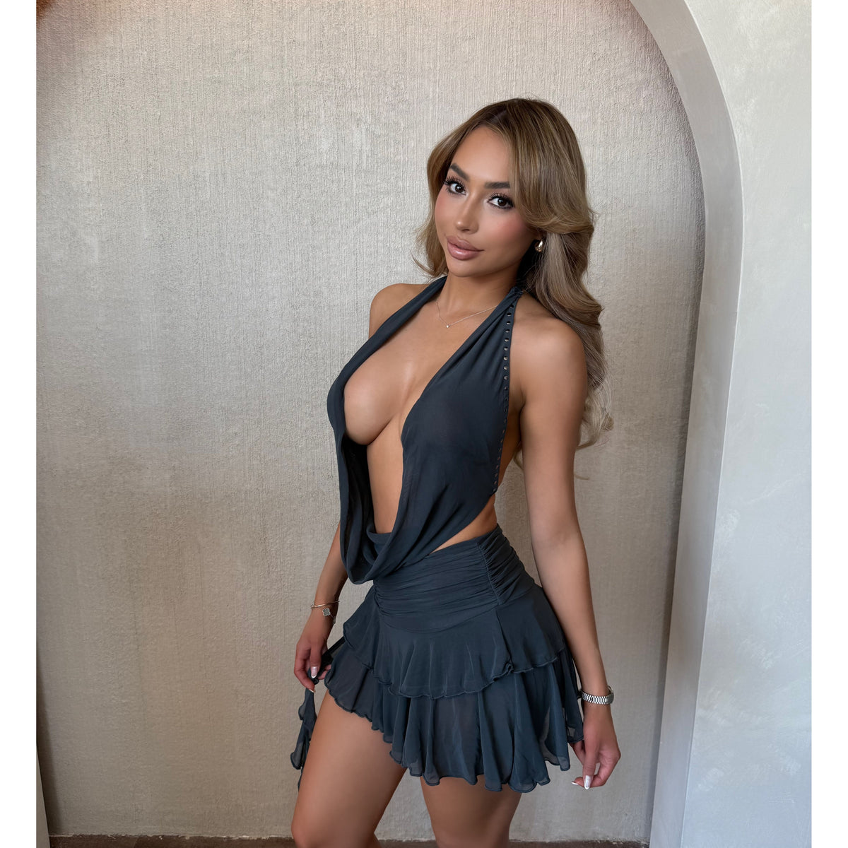 Cami Studded Cowl Neck Open Back Ruffle Mesh Dress (Charcoal)