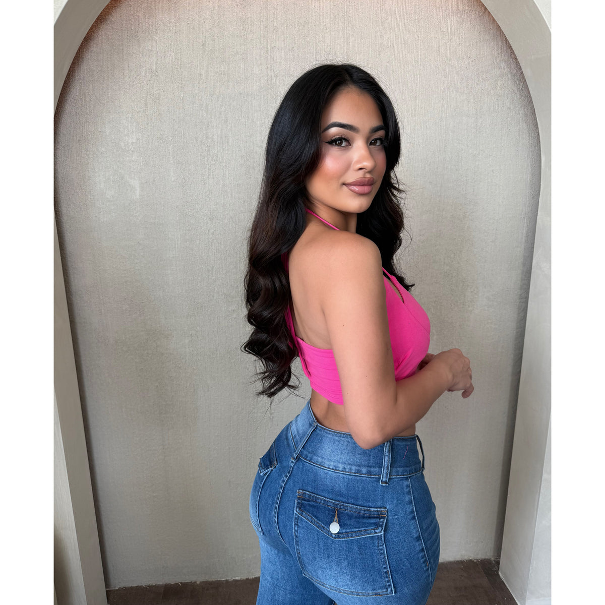 Emily Sleeveless Halter Tube Crop Top (Fuschia)