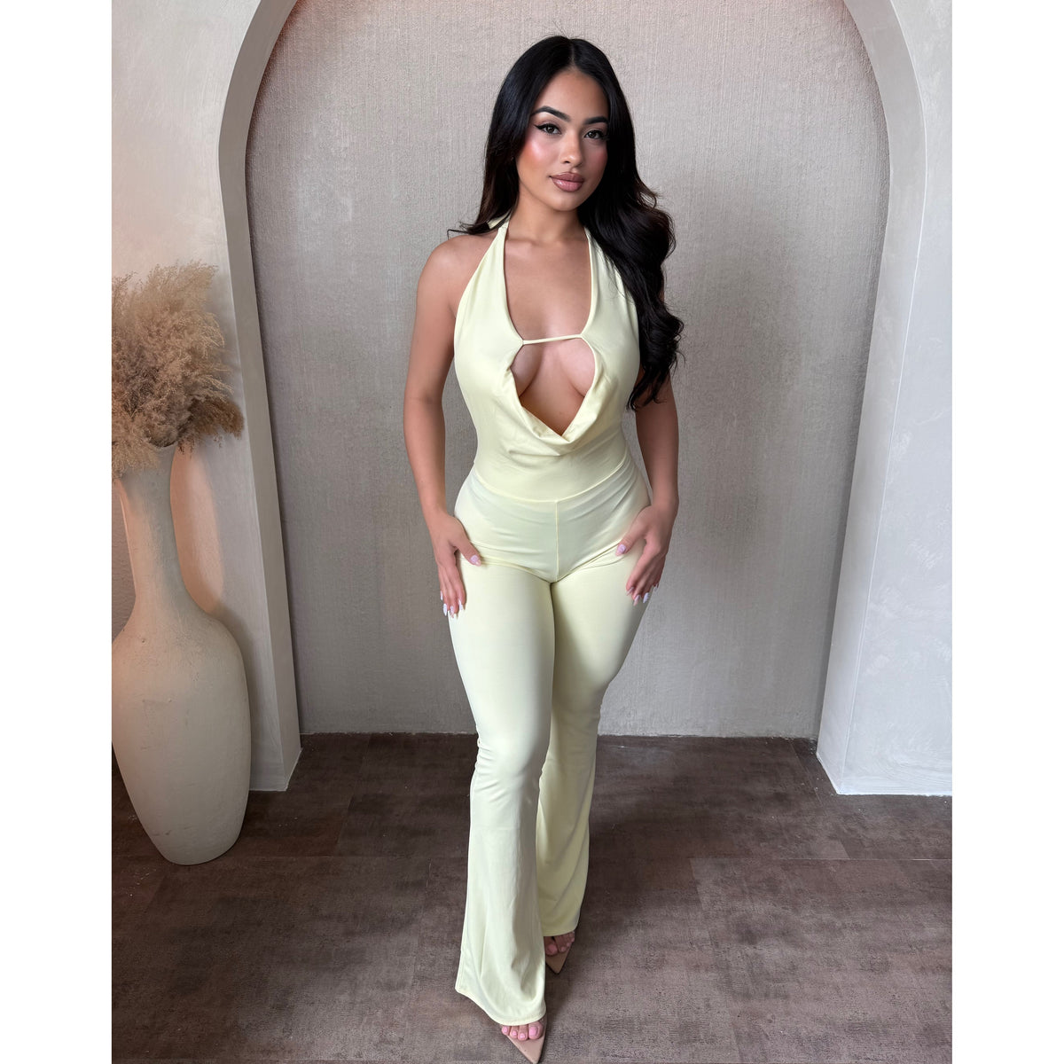 Stacy Halter Open Front Jumpsuit (Light Yellow)