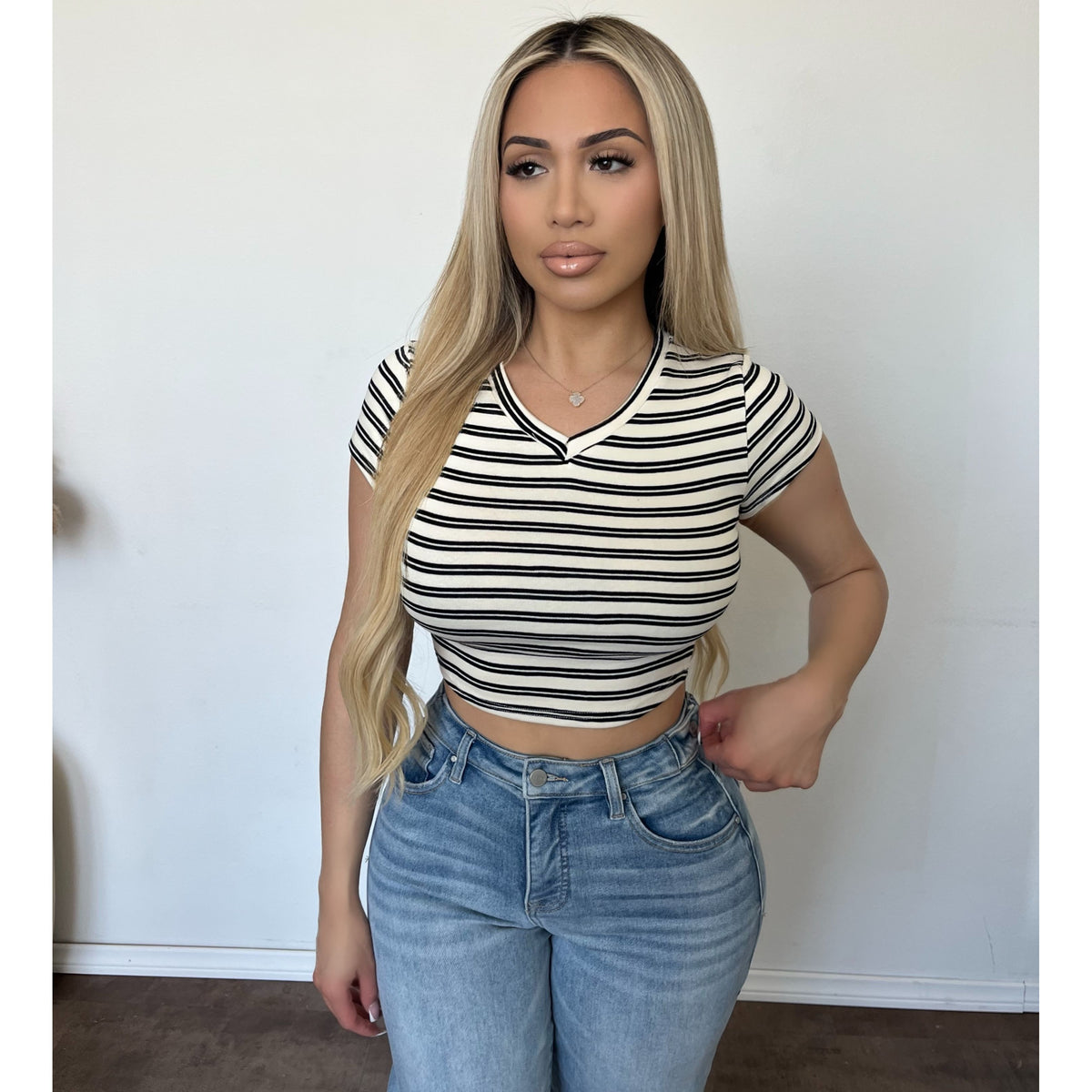 Bianca Stripe V Neck Tee (White/Black)