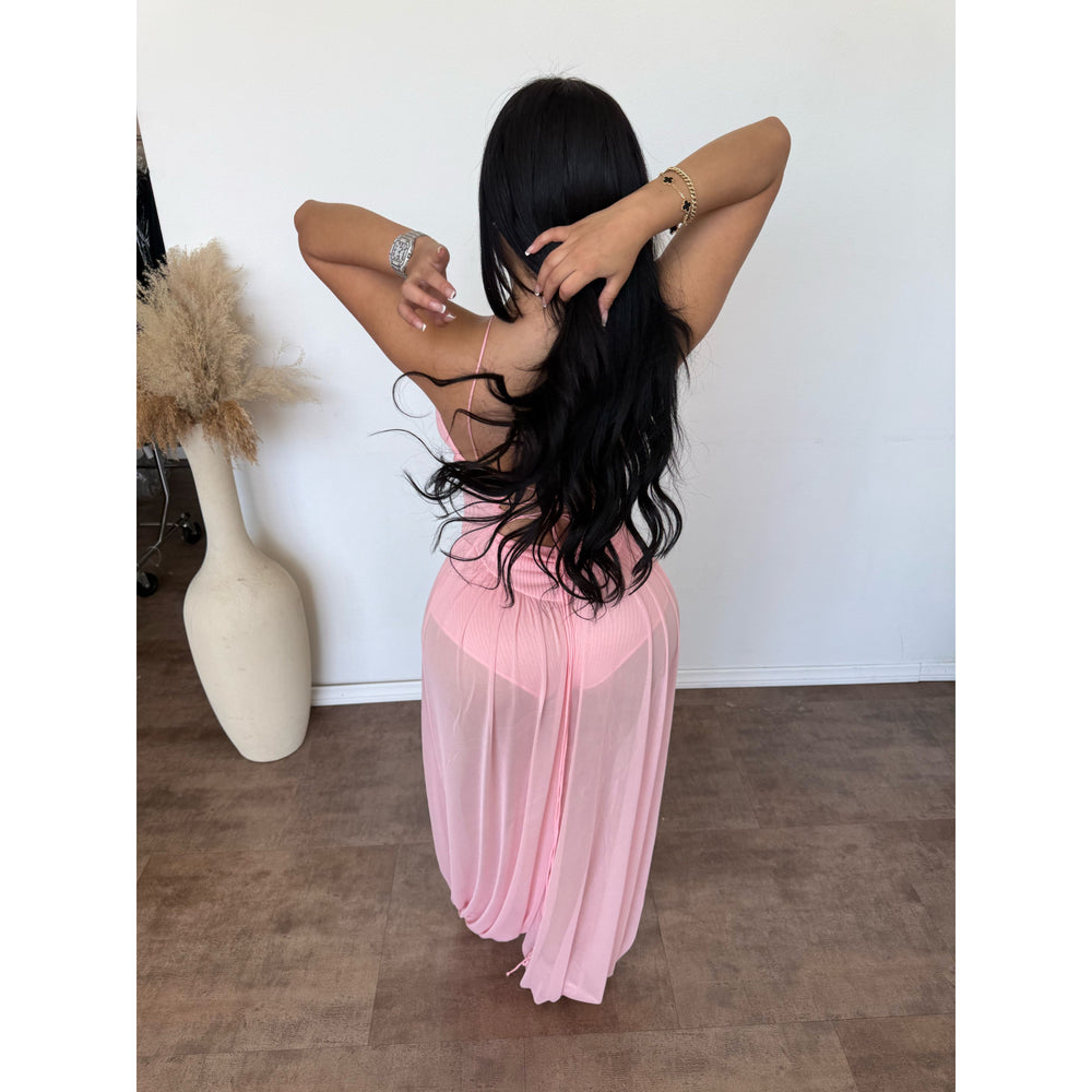 Tina Ribbed Halter Wide Leg Mesh Jumpsuit (Pink)