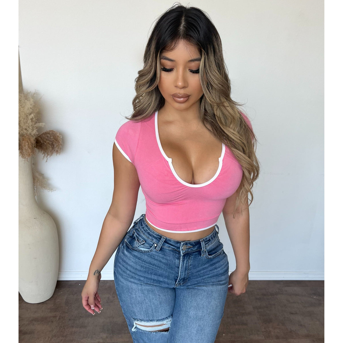 Anissa Contrast Binding Short Sleeve Top (Pink)