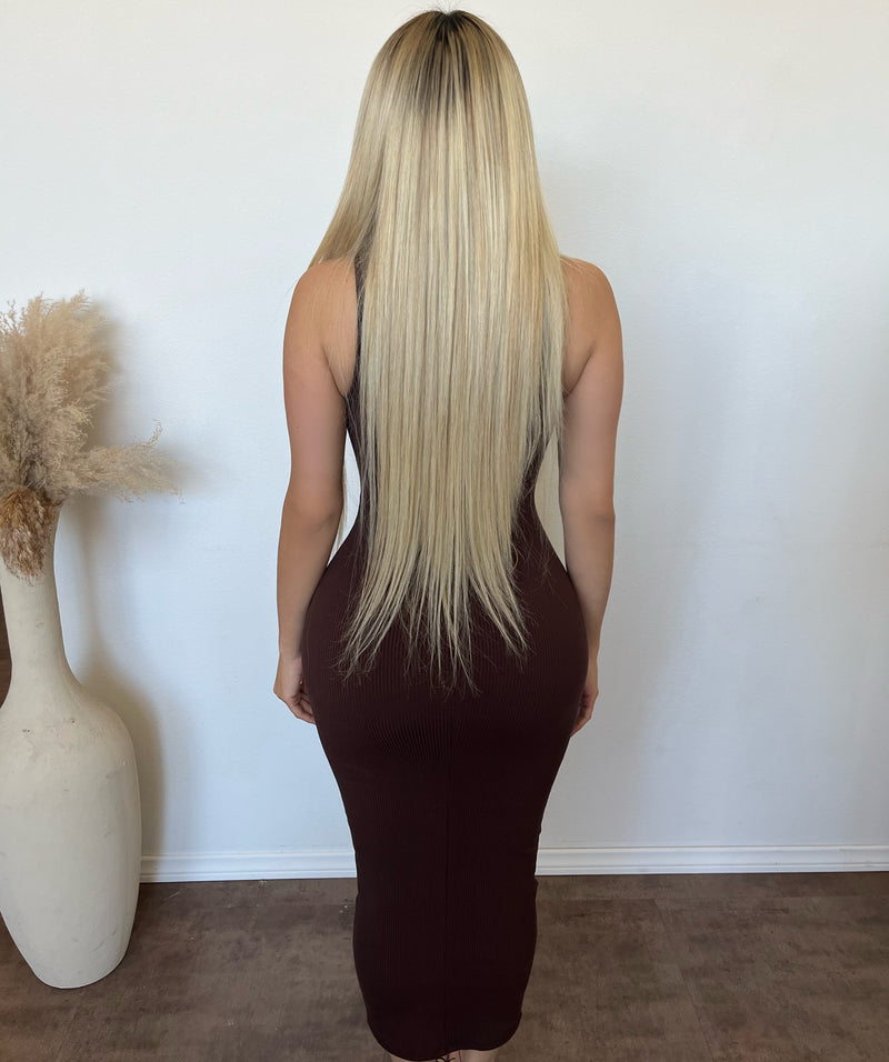 Melisa Snatched Round Neck Mid Dress (Chocolate)