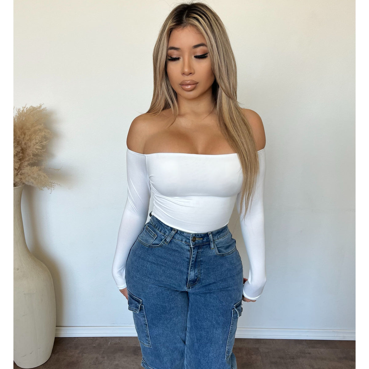 Elena Long Sleeve Off Shoulder Top (Off White)