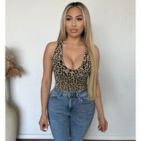 Riley Leopard Plunge Neck Bodysuit (Taupe/Black)