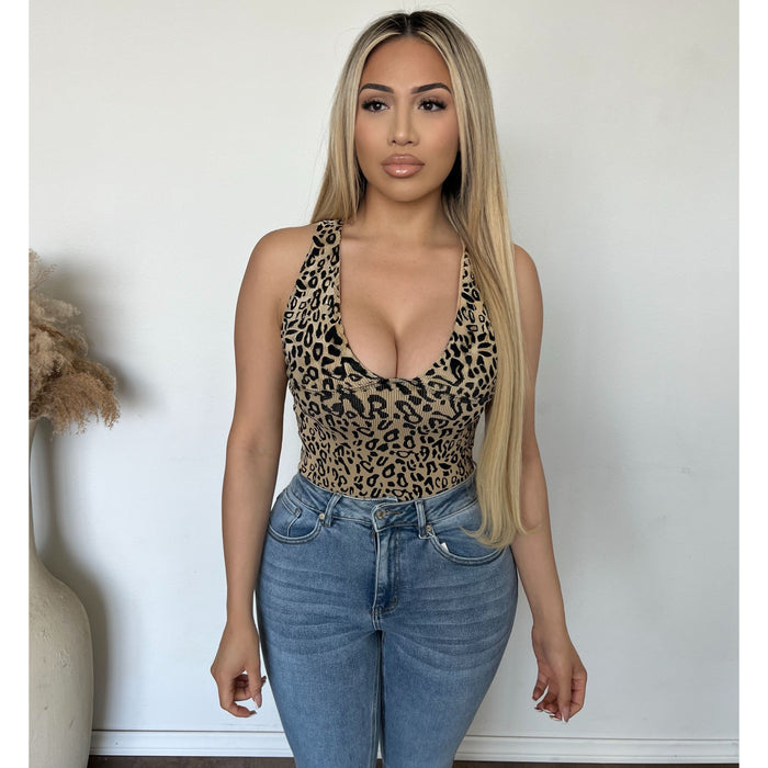 Riley Leopard Plunge Neck Bodysuit (Taupe/Black)