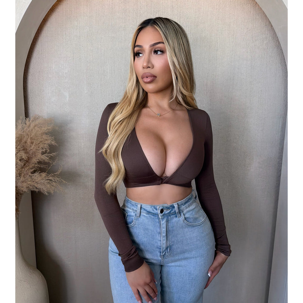 Veronica V neck Rib Long Sleeve Top (Brown)