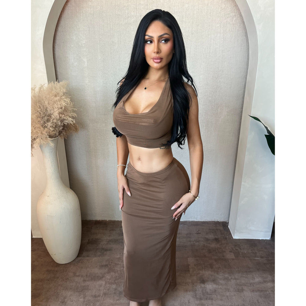 Erica 2 Piece Halter Top W Dress (Mocha)
