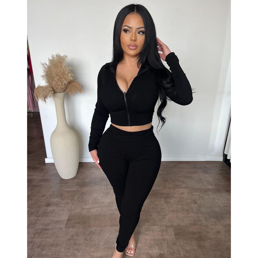 Bianca Snatched Zip Up Hoodie W Matching Leggings (Black)