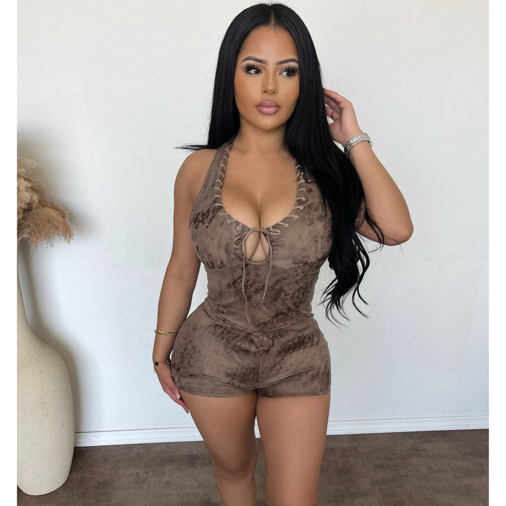 Elena Suede Halter Romper (Mocha)