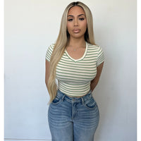 Bianca Stripe V Neck Tee (Ivory/Green)