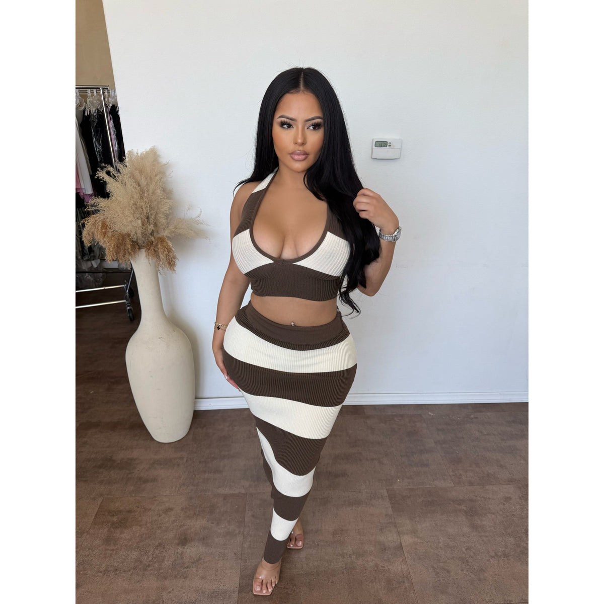 Cynthia Big Stripe 2 Piece Set (Mocha/Ivory)