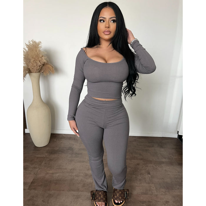 Denise Snatched Ribbed Scoop Neck Matching Set (Charcoal)