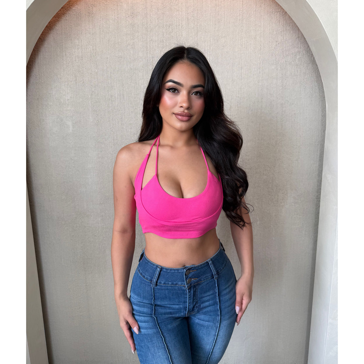 Emily Sleeveless Halter Tube Crop Top (Fuschia)