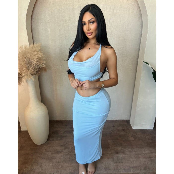 Erica 2 Piece Halter Top W Dress (Light Blue)