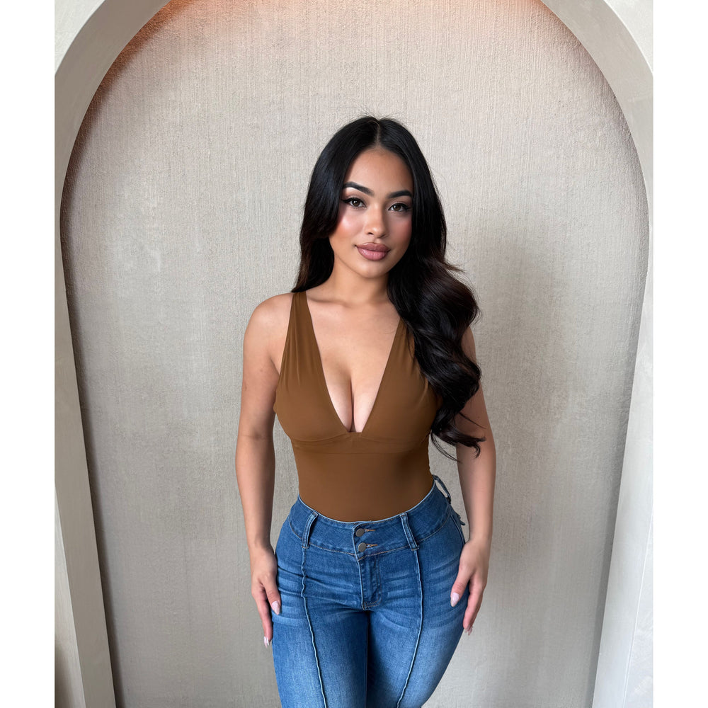 Stephanie Deep V Neck Bodysuit (Brown)