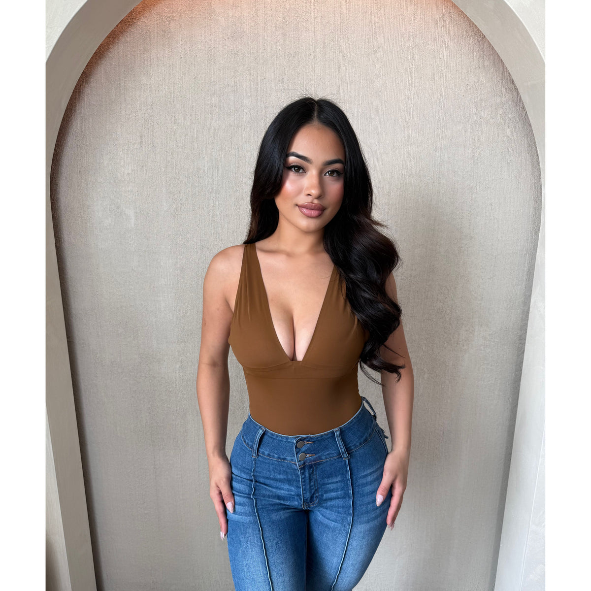 Stephanie Deep V Neck Bodysuit (Brown)