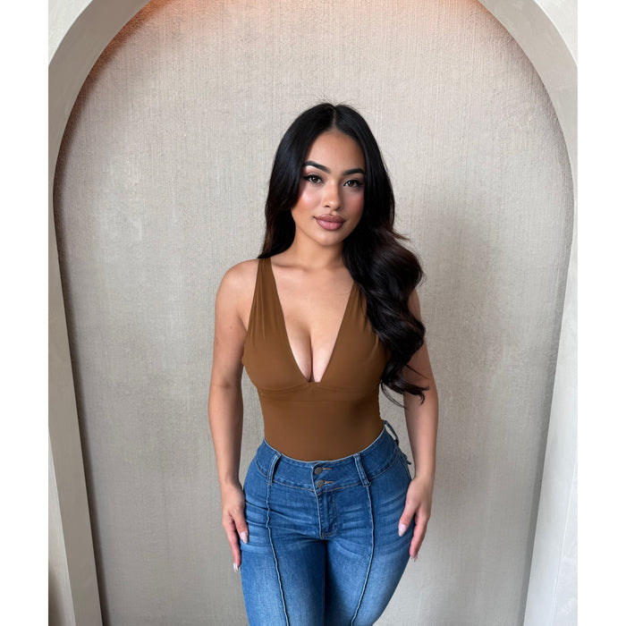 Stephanie Deep V Neck Bodysuit (Brown)