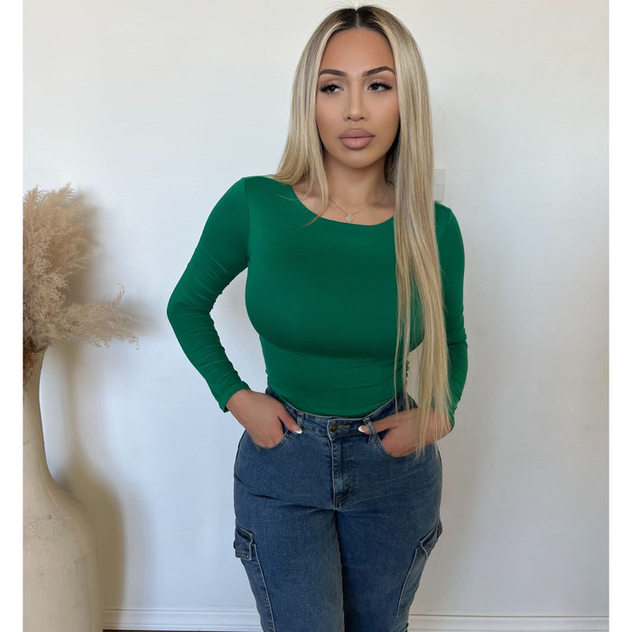 Sarah Round Neck Long Sleeve Top (Green)