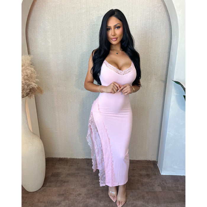 Esme Side Slit Lace Dress (Pink)