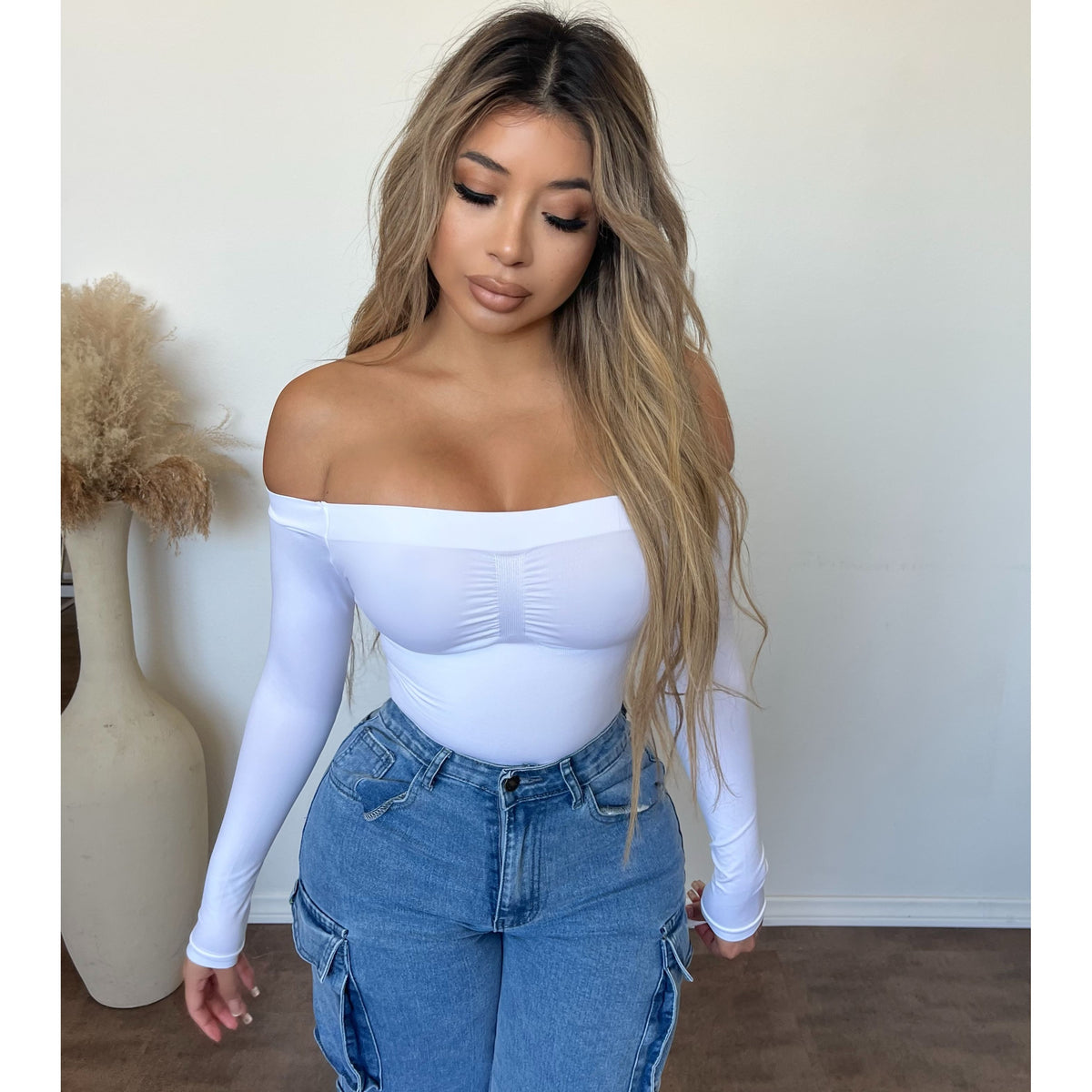 Lorissa Long Sleeve Off Shoulder Bodysuit (White)