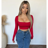 Ally Long Sleeve Square Neck Crop Top (Red)