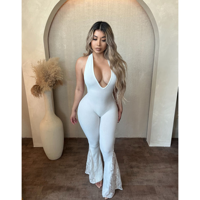 Ariana Floral Wide Leg Halter Neck Jumpsuit (White)