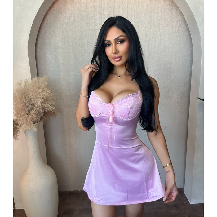 Wendy Silk Lace Trim Dress (Pink)