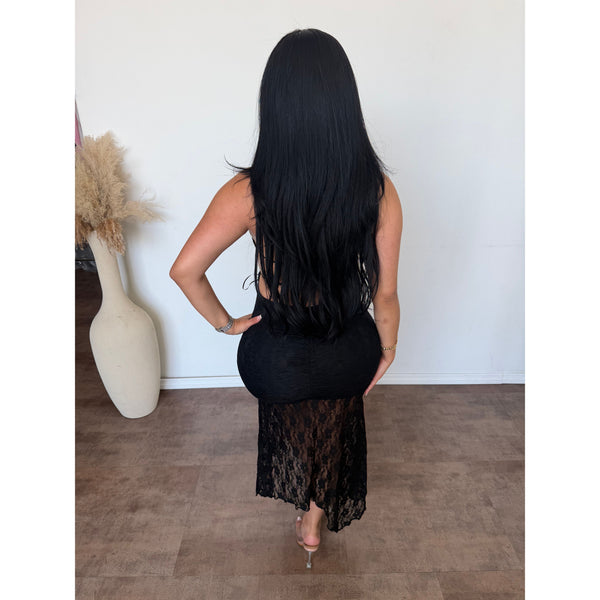 Hailey Laced Ruched Halter Maxi Dress (Black)