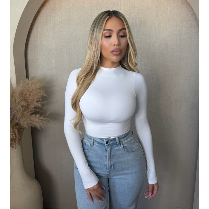 Ela Mock Neck Long Sleeve Bodysuit (White)