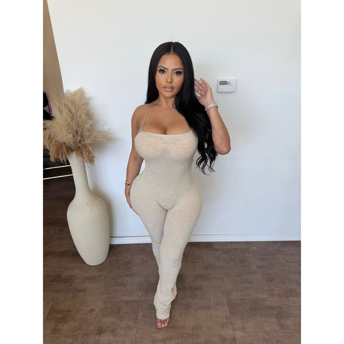 Wendy Wide Pants Lace Up Jumpsuit (Oatmeal)