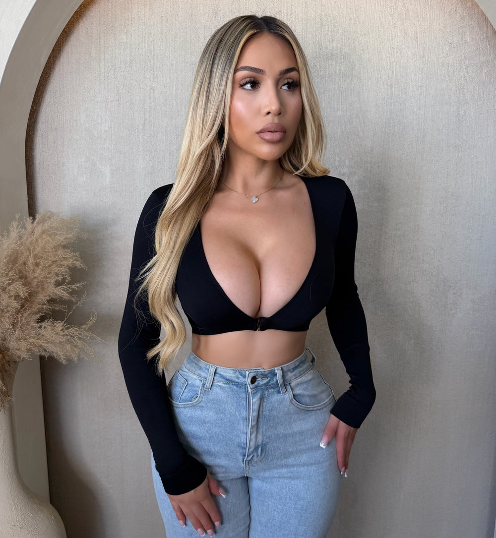 Veronica V neck Rib Long Sleeve Top (Black)