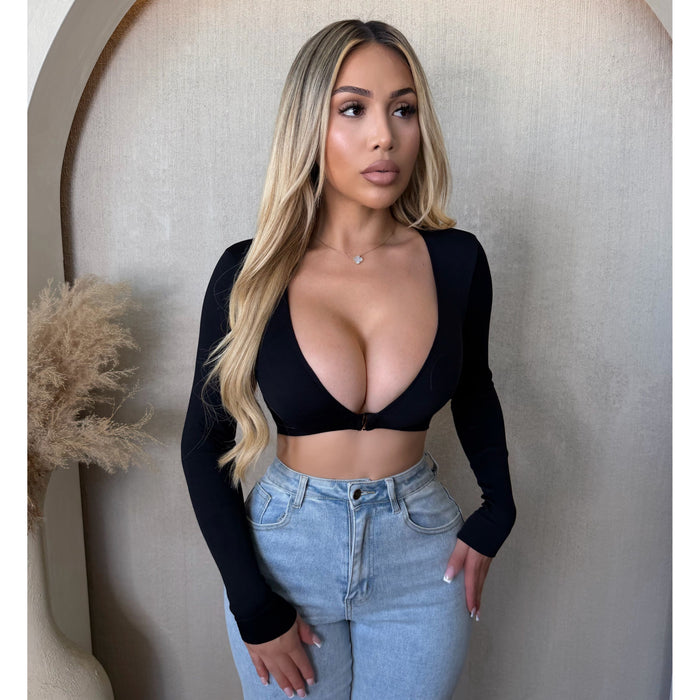 Veronica V neck Rib Long Sleeve Top (Black)