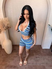Crystal Stripe Biker Shorts Set (Multi Blue)