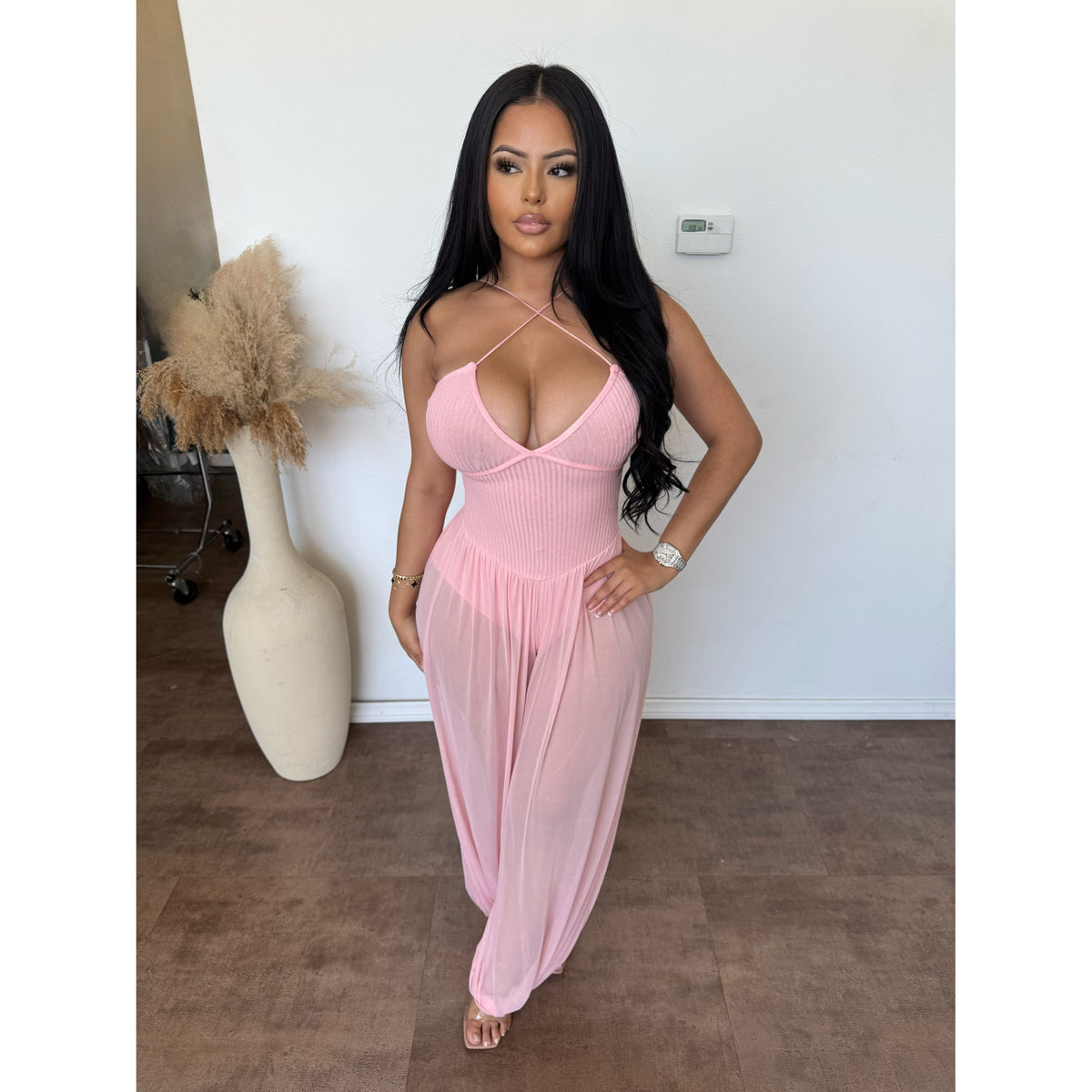 Tina Ribbed Halter Wide Leg Mesh Jumpsuit (Pink)
