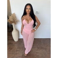 Tina Ribbed Halter Wide Leg Mesh Jumpsuit (Pink)
