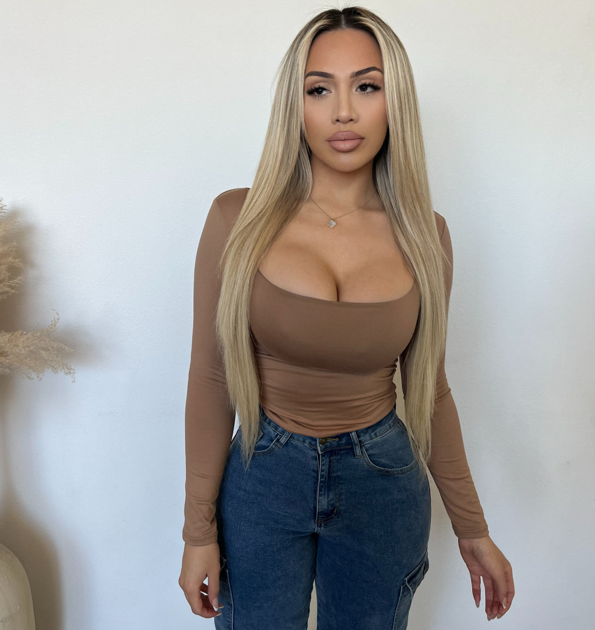 Doreen Scoop Neck Long Sleeve Top (Mocha)