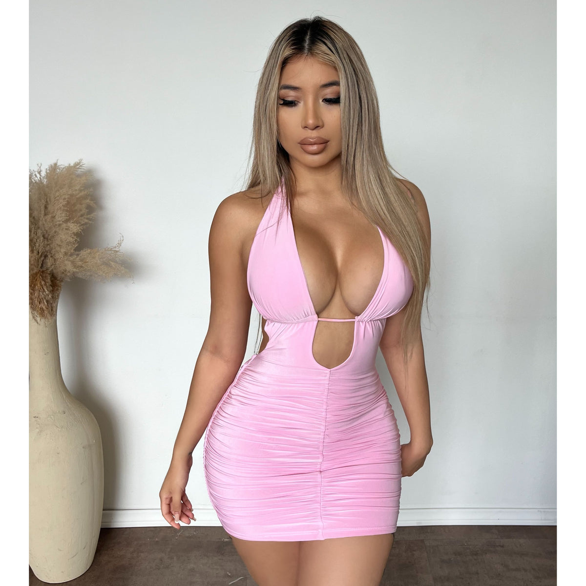 Desi Halter Plunge Open Back Mini Dress (Pink)