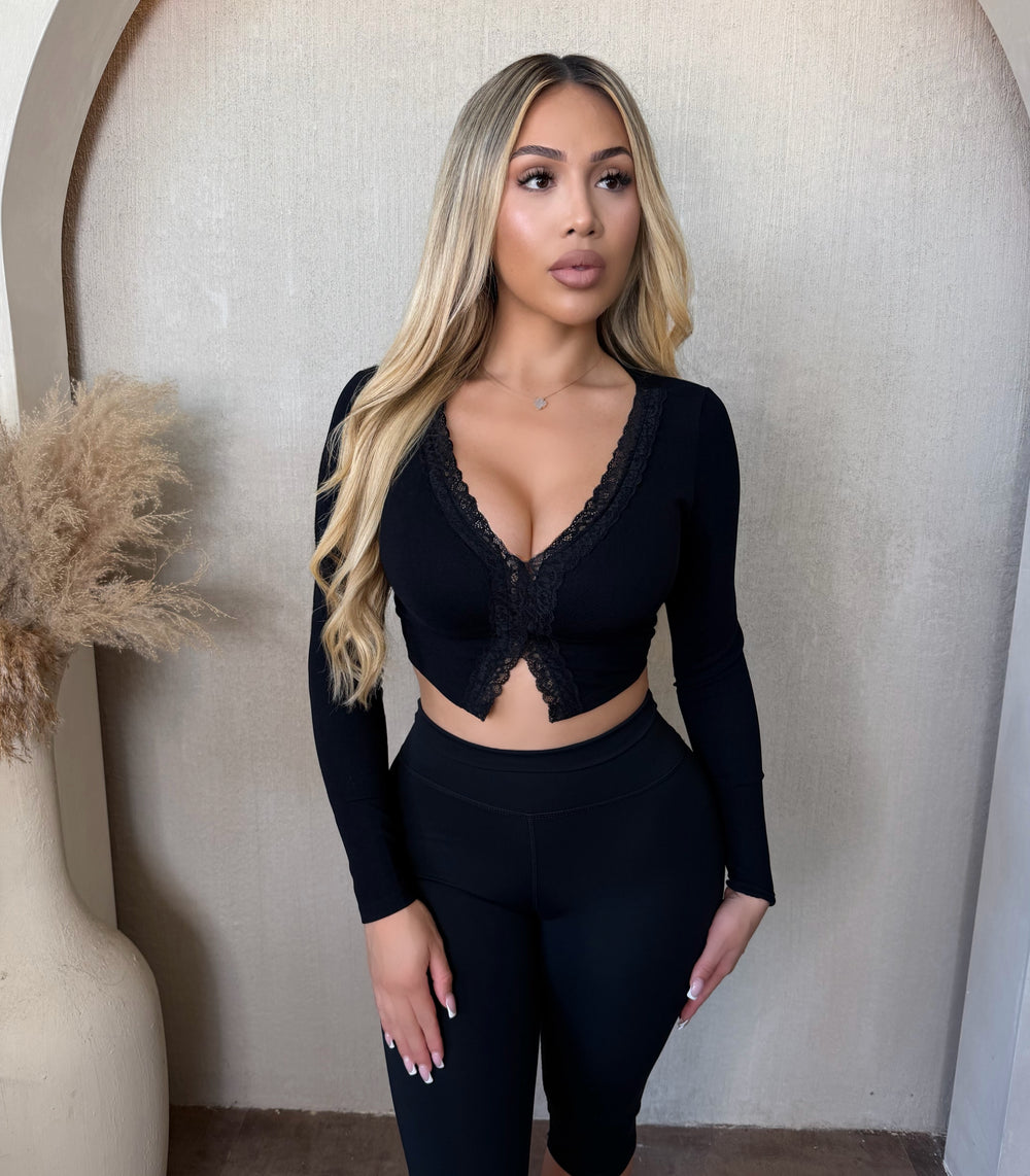 Karen Front Lace Trim Long Sleeve Top (Black)