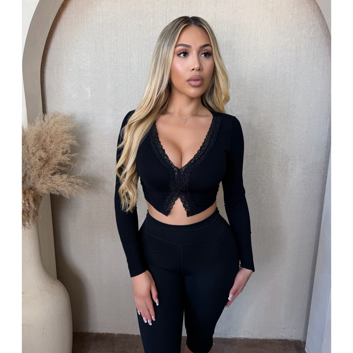 Karen Front Lace Trim Long Sleeve Top (Black)