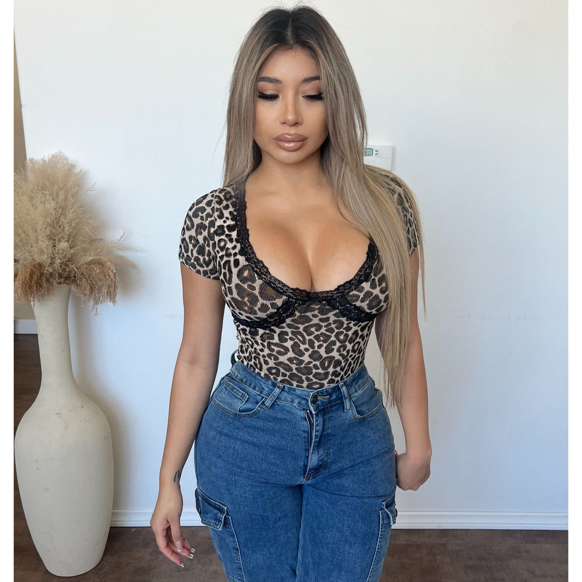 Erica Leopard Lace Trim Bodysuit (Leopard)