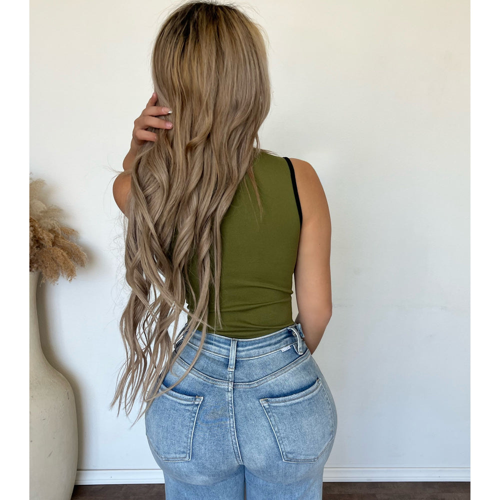 Rina Deep V Neck Eyelet Top (Olive)