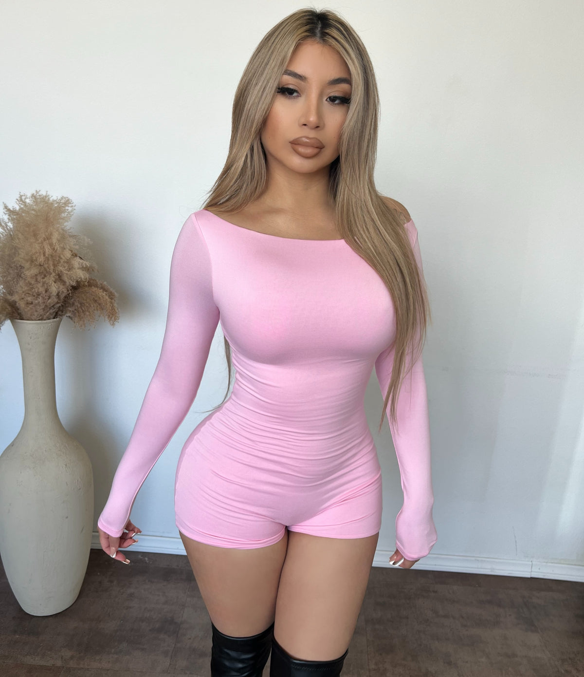 Daniella Boat Neck long Sleeve Romper (Baby Pink)